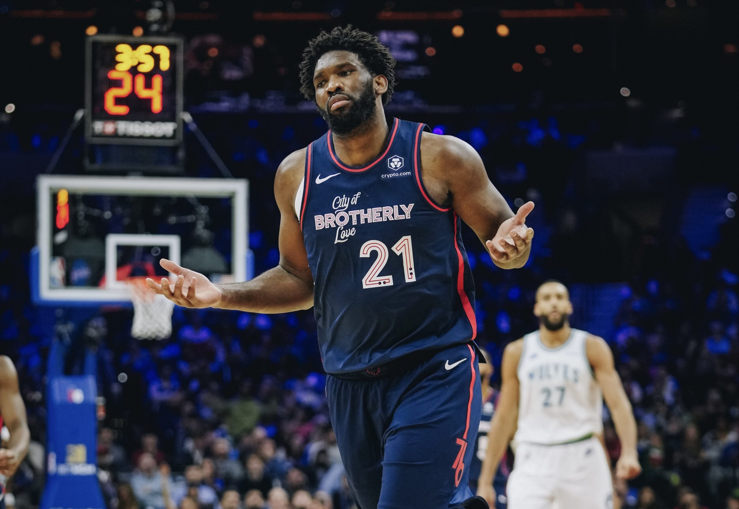 Joel Embiid celebrating his 51-point performance against Minnesota