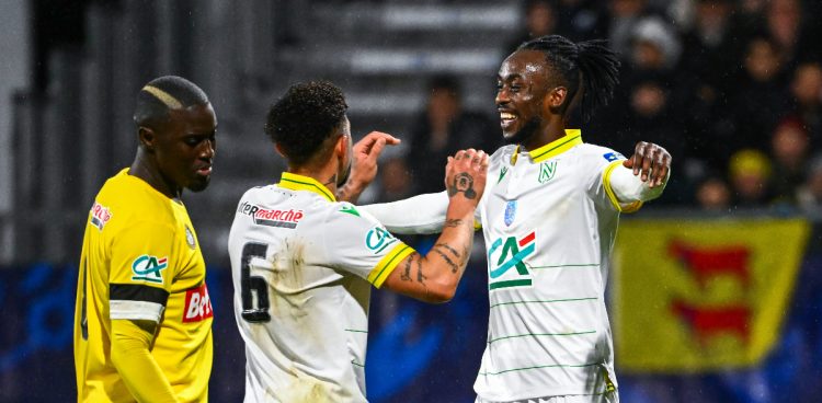 Tino Kadewere celebrates after scoring a goal for Nantes