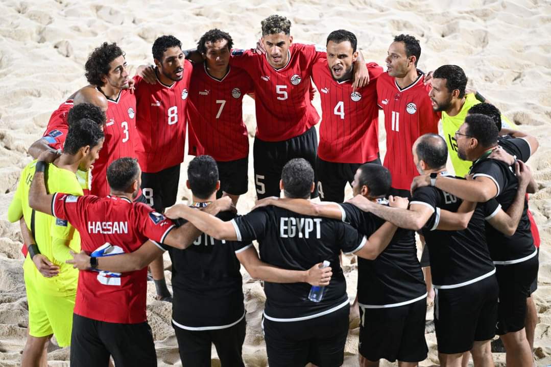 Egypt celebrating their victory against the United States in the Beach Soccer World Cup