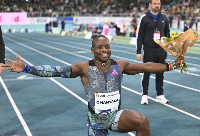 Ferdinand Omanyala celebrates after setting a new national record in the 60m sprint