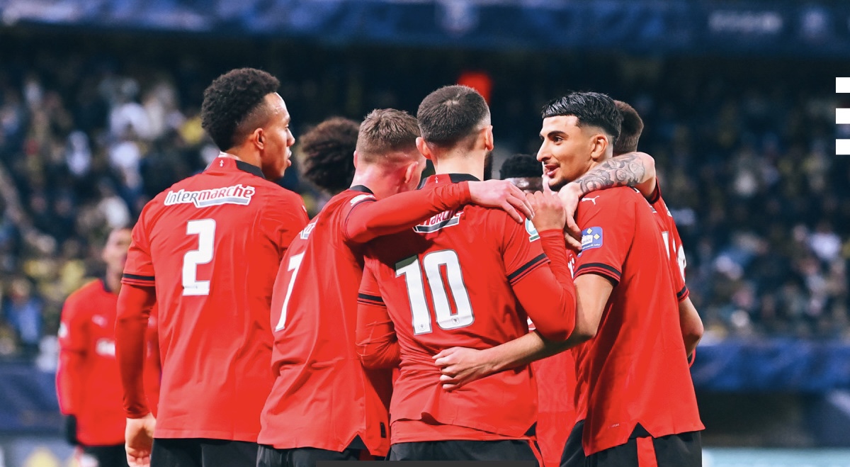 Amine Gouiri celebrate his goal in the match between Stade rennais and Sochaux in Coupe de France