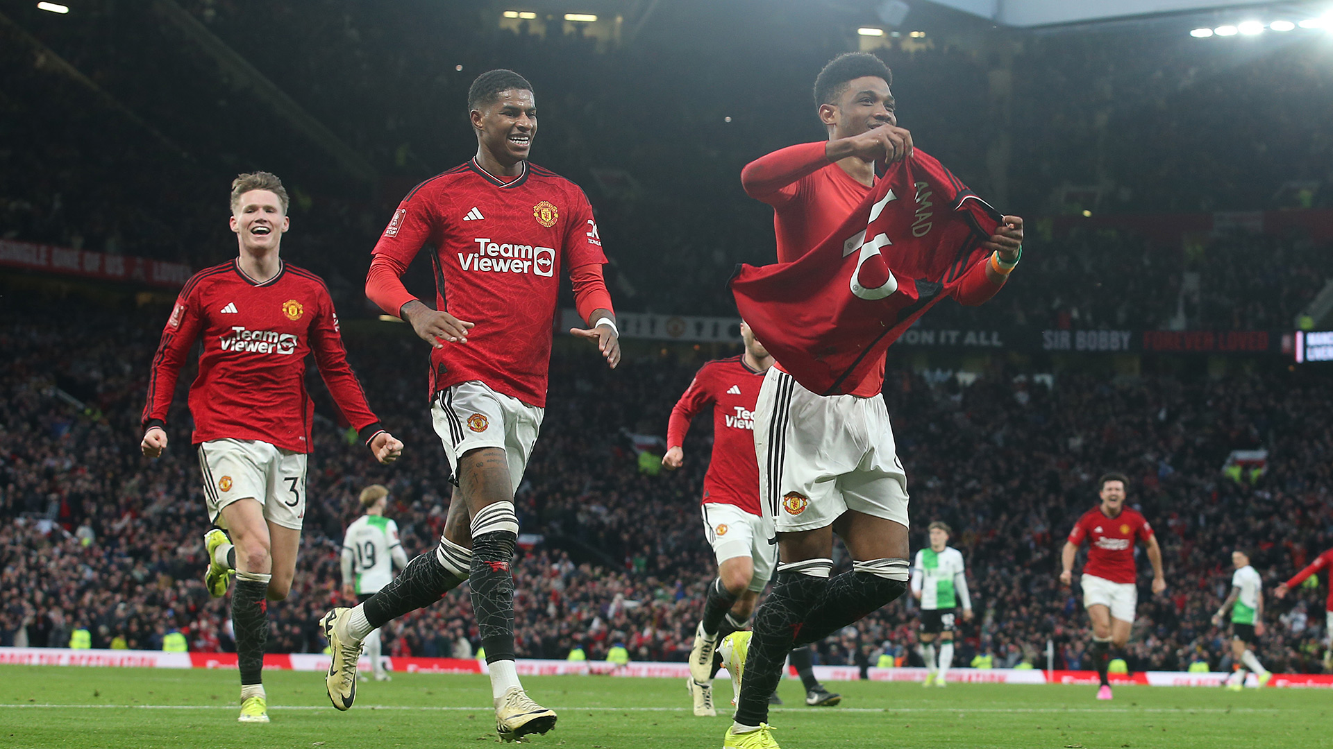 Amad Diallo celebrating after scoring the winning goal against Liverpool