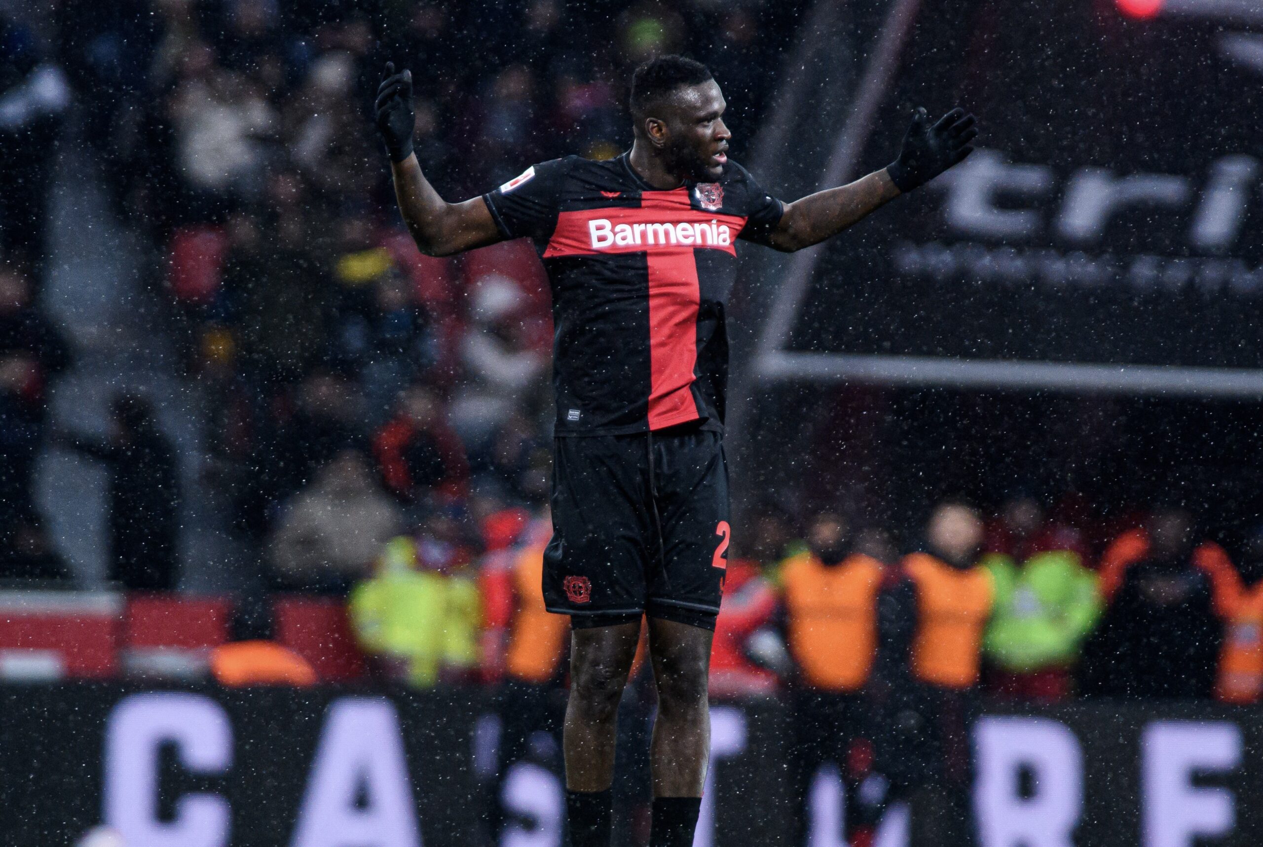 Victor Boniface celebrates his goal in Leverkusen's Europa League win