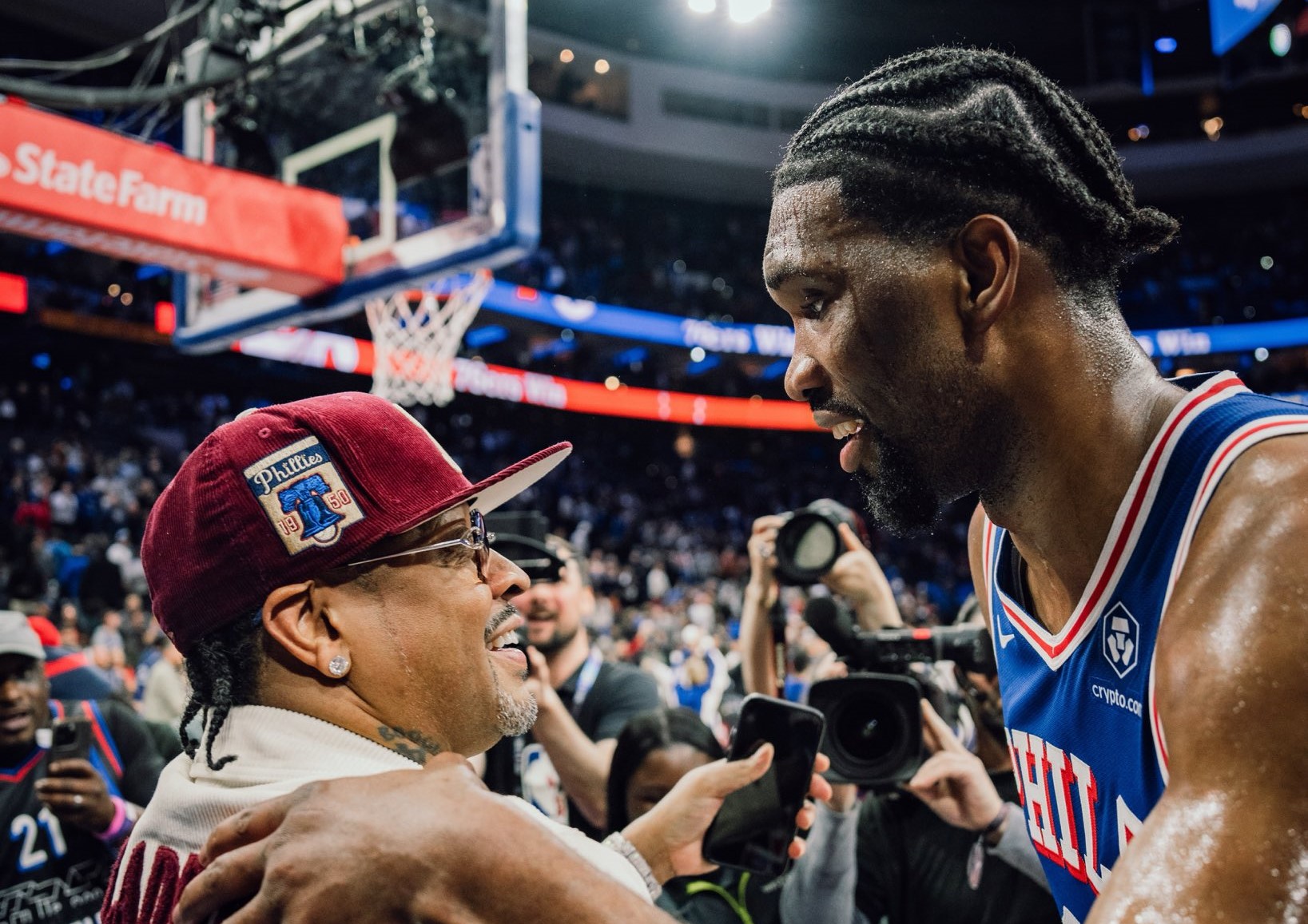 Joel Embiid celebrates after leading the Sixers to victory against the Thunder