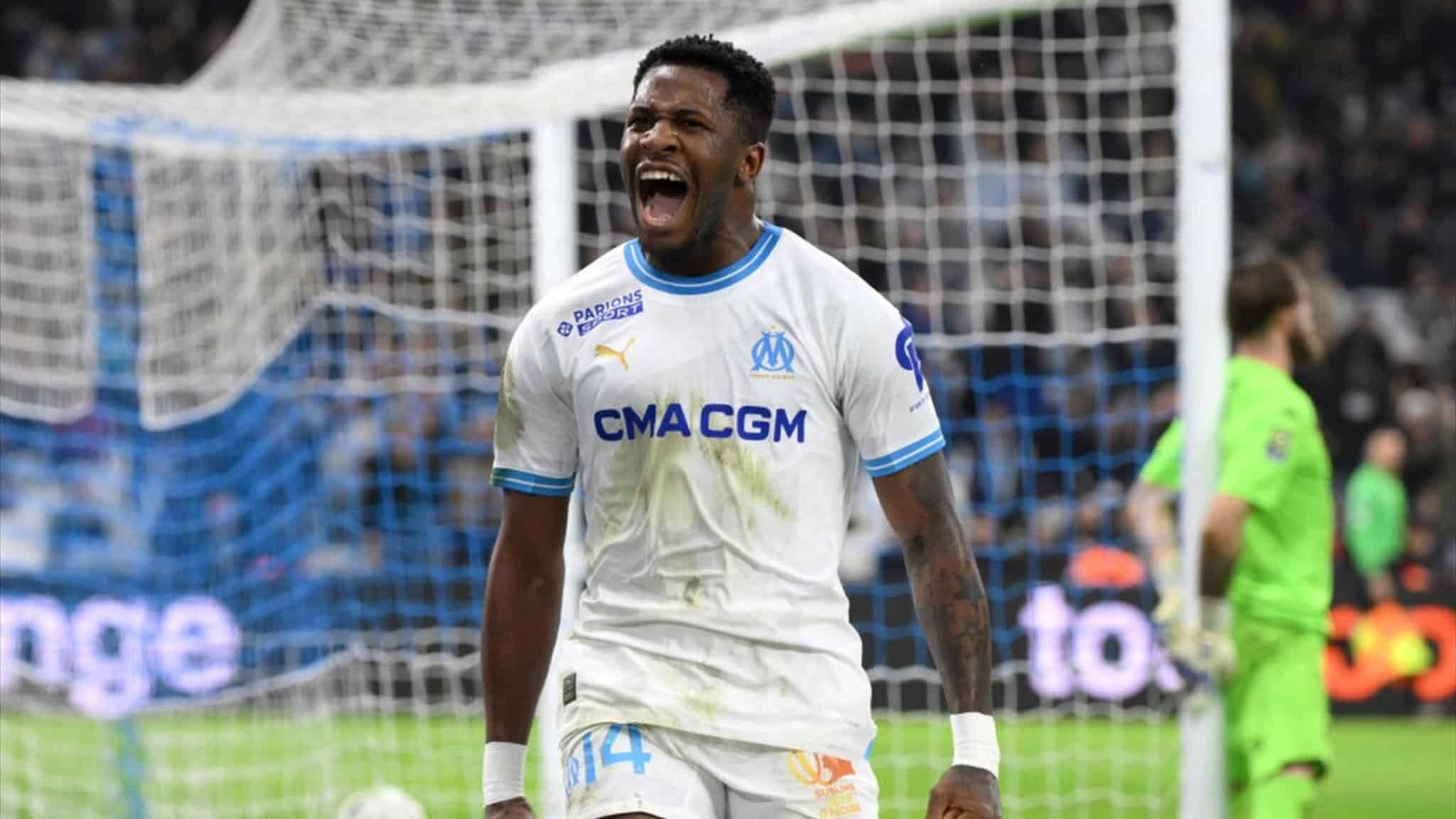 Faris Moumbagna celebrates his goal against Toulouse