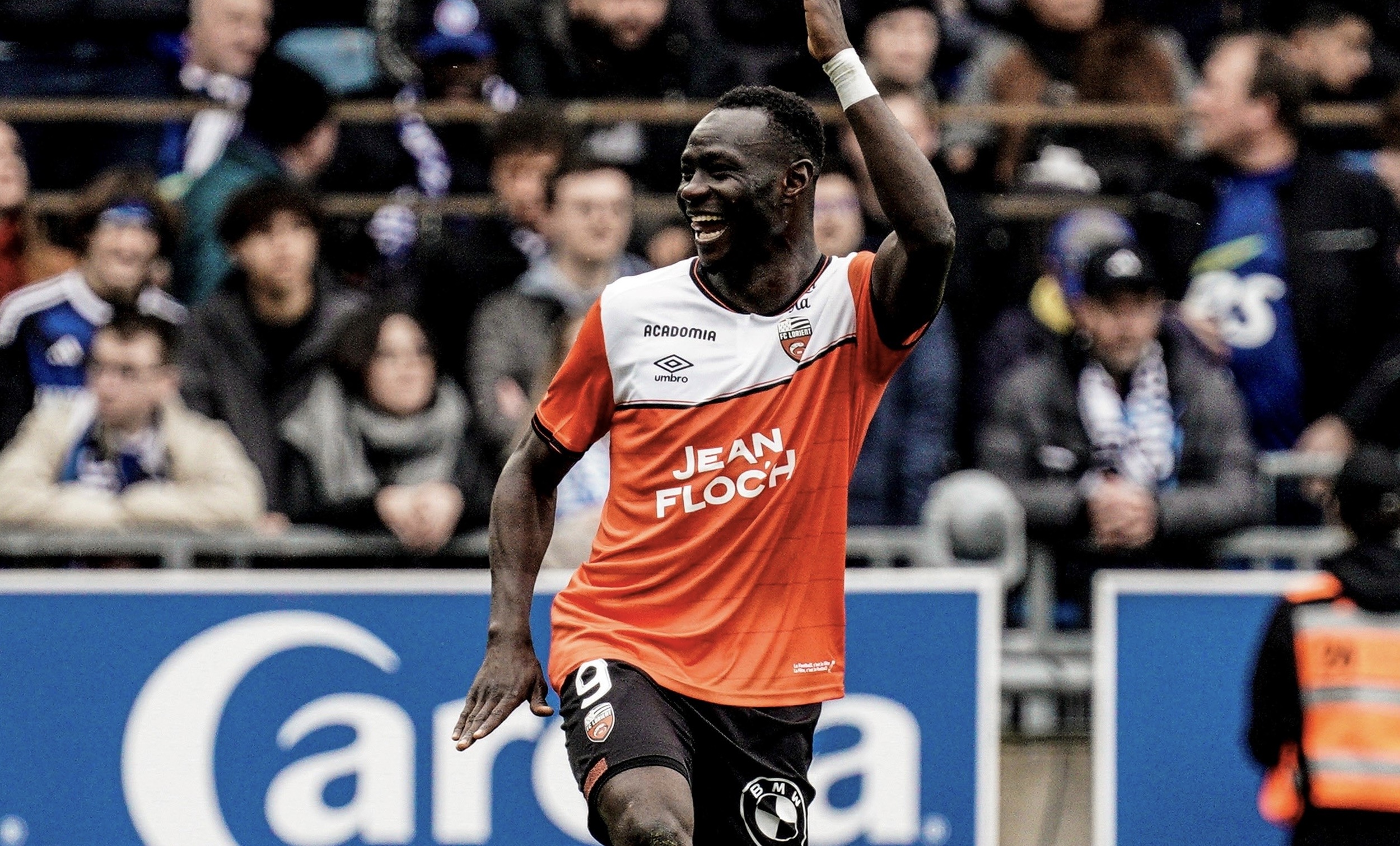 Mohamed Bamba celebrates scoring a goal for FC Lorient