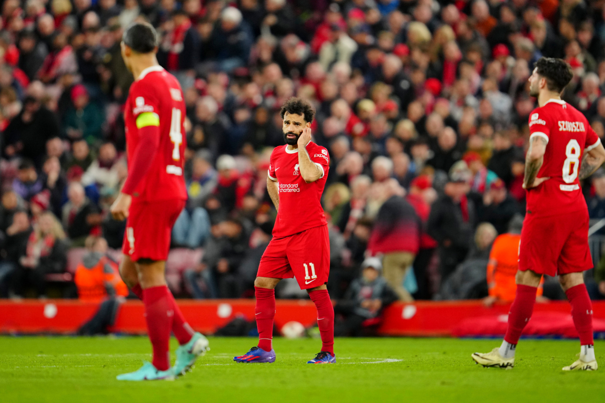 Mohamed Salah celebrating after scoring the only goal for Liverpool in the Europa League quarter-finals