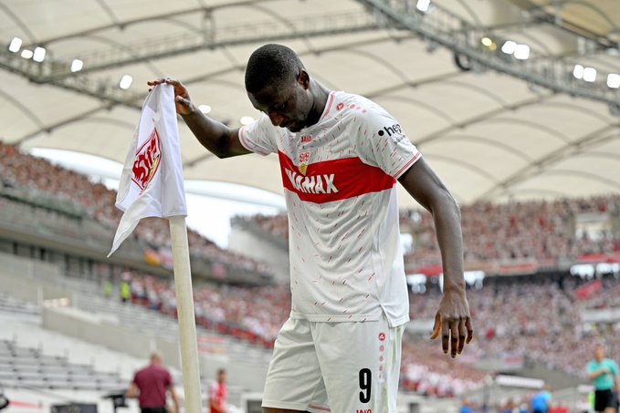 Serhou Guirassy celebrates after scoring the winning goal for Stuttgart against Dortmund